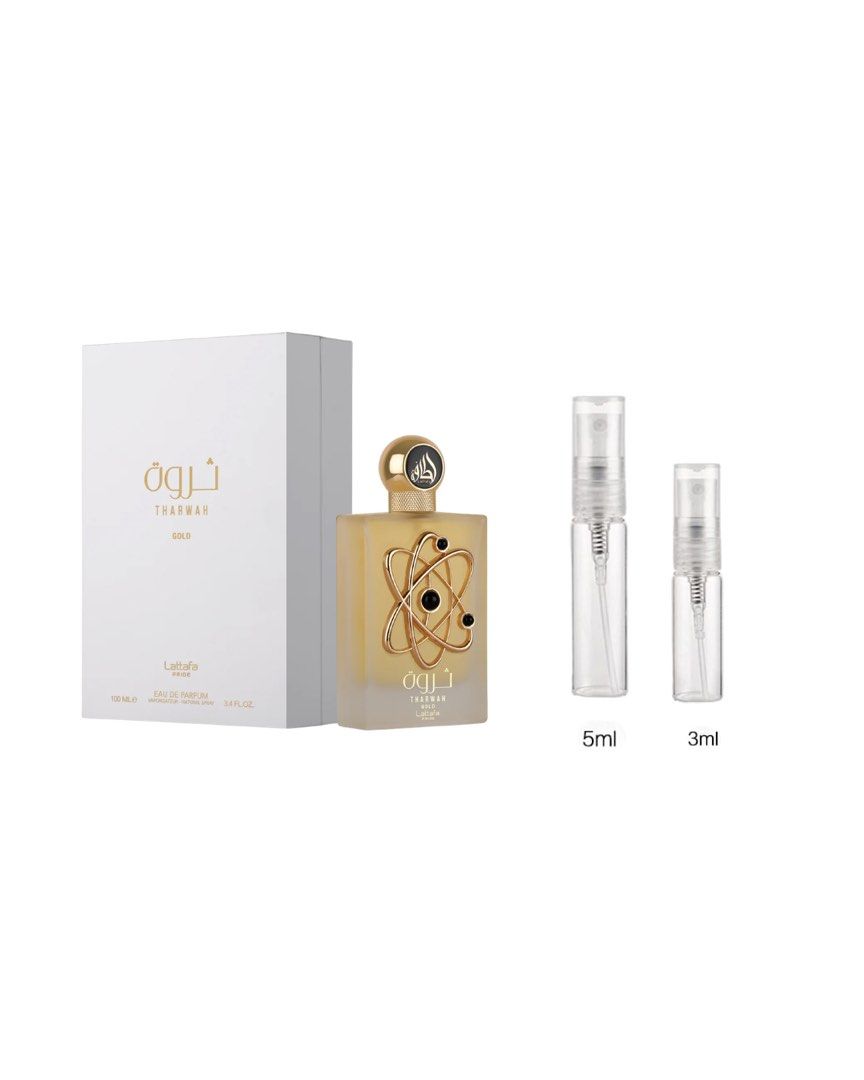 Takal (3ML & 5ML) Lattafa Tharwah Gold Eau de Parfum (Category: Fragrance & Deodorants) located in Manila. Submitted by azmanmich (Listing ID 1435319007, Image 1). Description: - Lattafa Tharwah Gold Eau de Parfum - TAKAL 3ml or 5ML - Gold-colored design with atom-like structure - White box with gold lettering - Includes 5ml and 3ml sample vials.