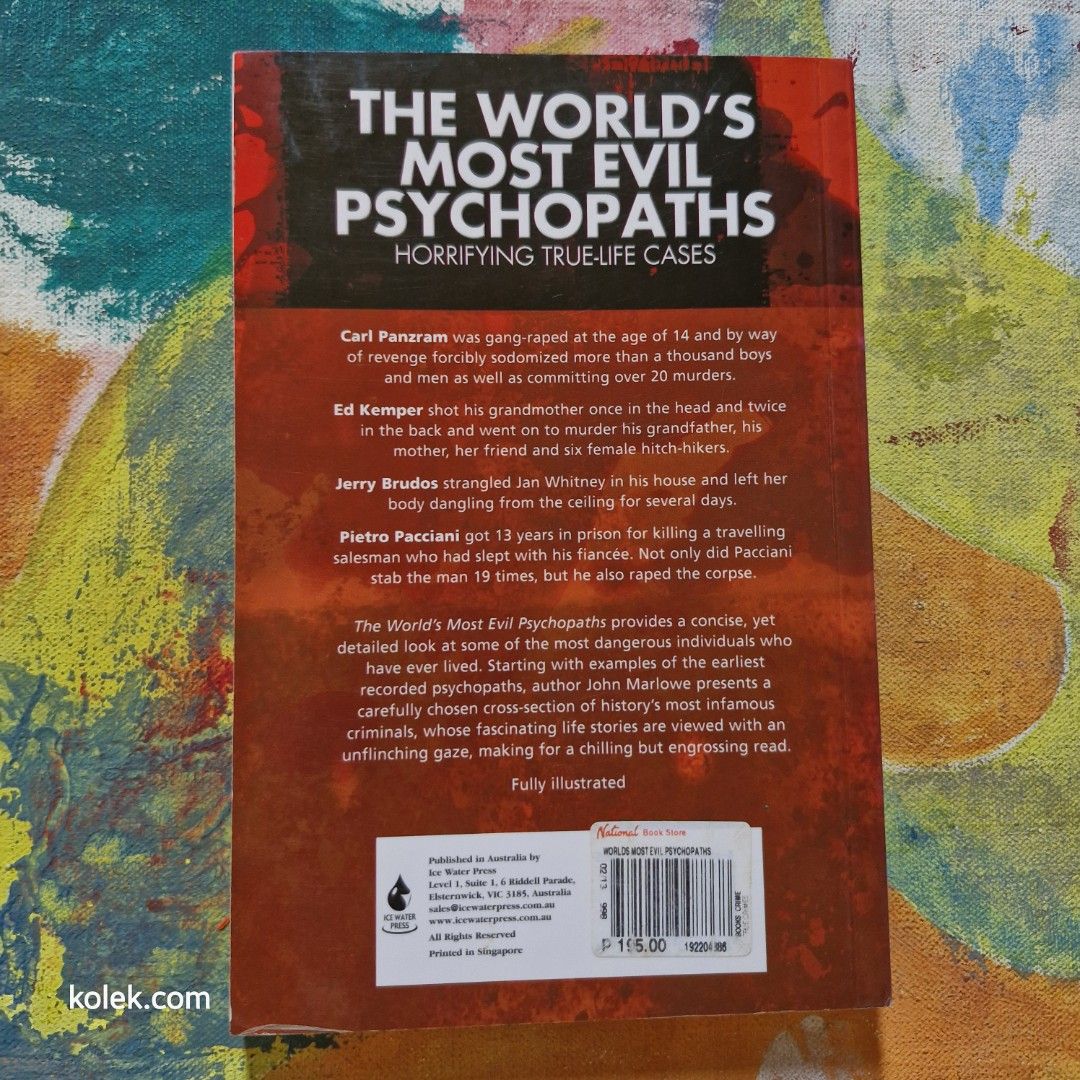 The World's Most Evil Psychopaths Book (Category: Storybooks) located in San Pedro. Submitted by .kolek.com (Listing ID 1435247816, Image 2). Description: Used Vintage Book Excellent Condition Complete Pages What U see is What U Get Sa nakaka appreciate lang MoP: Gcash J&T Courier Pickup or Book any Rider Buyer's book and expense Loc: San Pedro, Laguna 📣S1 0.3kg.