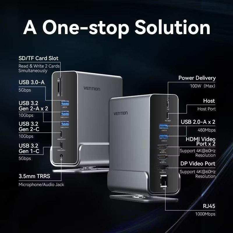 Vention 15-in-1 USB-C Hub Dock | 4K HDMI DP 60Hz 10Gbps