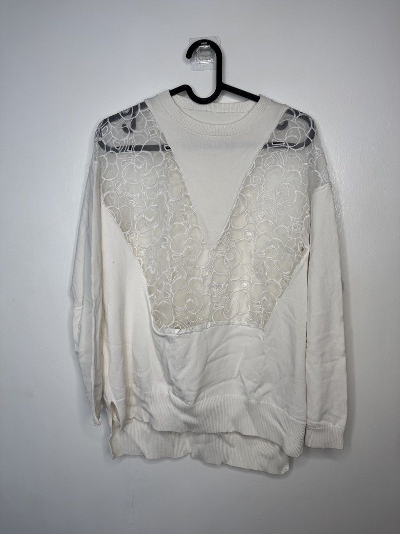 White Lace Detail Sweater (Category: Coats, Jackets and Outerwear) located in Bulacan. Submitted by joyboy0308 (Listing ID 1435326384, Image 1). Description: - White sweater - Lace detailing on front and shoulders - Crew neck - Long sleeves - Ribbed hem and cuffs - Floral lace design - Relaxed fit.