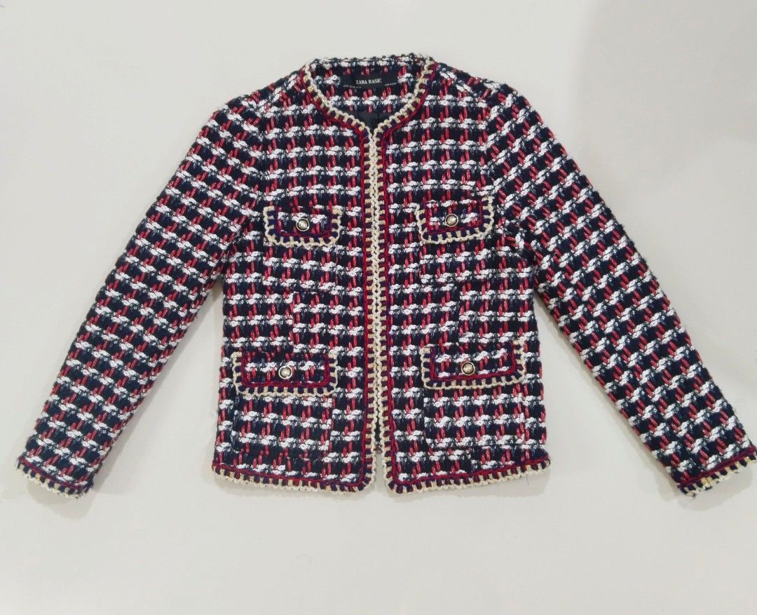 Zara Red Blue Tweed Blazer (Category: Coats, Jackets and Outerwear) located in Paranaque City. Submitted by flatwhite12 (Listing ID 1435176144, Image 1). Description: - Zara Basic tweed blazer - Color: Red, blue, and white - Size: XS - Textured weave - Gold-toned buttons and trim - Round neckline - Front pockets - True to size - Almost new (worn once) - No when-worn photos - No return, No exchange.