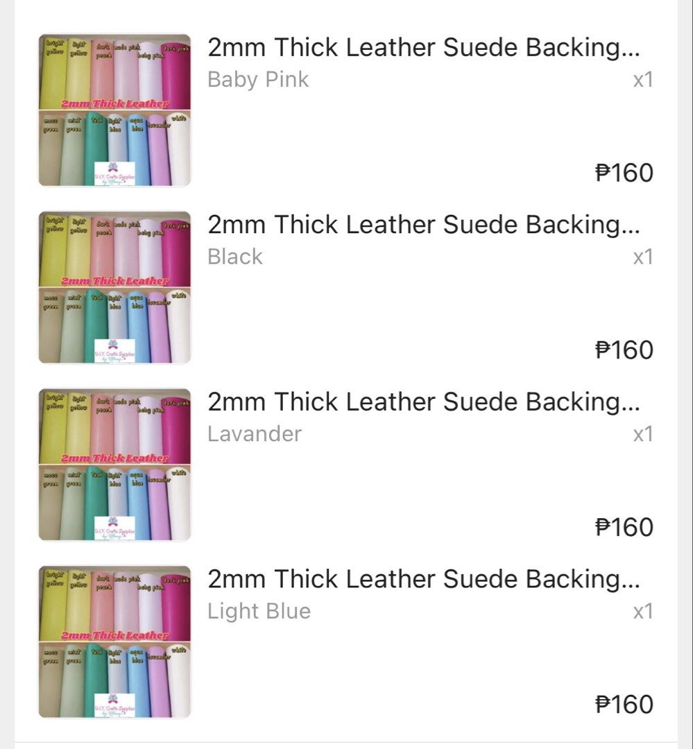 4 yards assorted colors - 2mm Leather Suede Backing (Category: Craft Supplies & Tools) located in Quezon City. Submitted by andreasy2 (Listing ID 1430149118, Image 2). Description: High-quality 2mm thick leather sheets with suede backing, perfect for DIY crafts. TAKE ALL (Baby pink, Black, Lavender, Light Blue) FOR 450. each sheet is 17x36 inches. RFS: bought to make journal covers but tinamad hahaha.