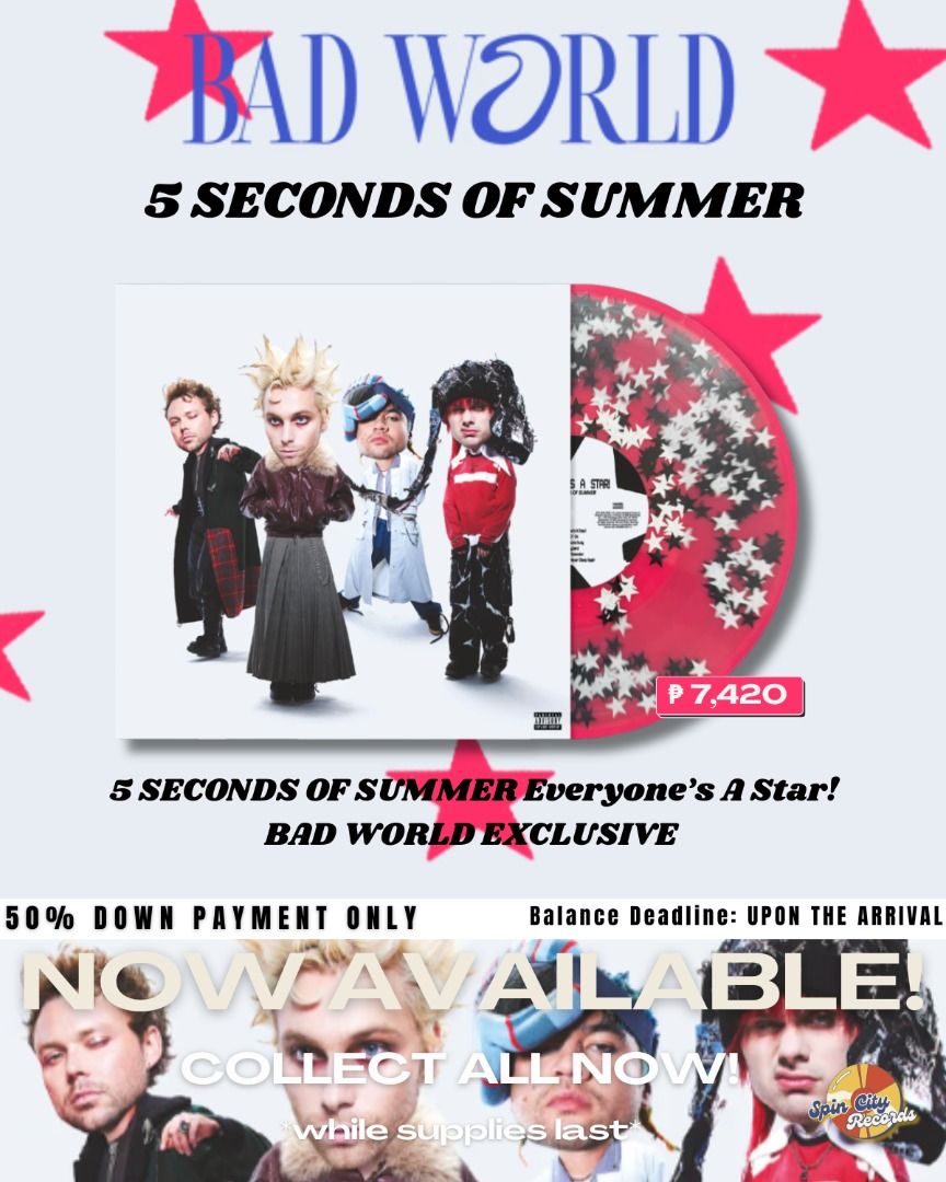 5SOS Everyone's A Star (BAD WORLD EXCLUSIVE) (Category: CDs & DVDs) located in Roxas City. Submitted by spincityrecords (Listing ID 1430065701, Image 1). Description: Pre-order 5SOS Everyone's A Star (BAD WORLD EXCLUSIVE) at 50% down payment only. ‼️3 MONTHS TO PAY‼️ Limited copies only! Order now! 🖤🤍 https://form.jotform.com/spincityrecordsph/shoppingform.