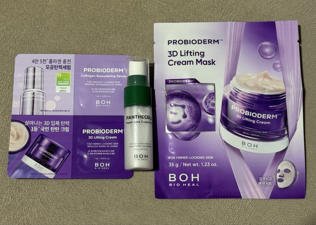 BOH Bio Heal Probioderm Skincare Sample Set (Category: Face Care) located in Antipolo. Submitted by nyeahsells (Listing ID 1430070918, Image 1). Description: Brand: BOH Bio Heal Probioderm Condition: SEALED, BRAND NEW Info: from Olive Young (South Korea) RFS: Extras Stock: 2 sets available Inclusions: - 35g 3D Lifting Cream Mask - 20ml Panthecell Repair Cica Cream Mist - 1ml Collagen Remodelling Serum - 1ml 3D Lifting Cream Disclaimer: - All sale