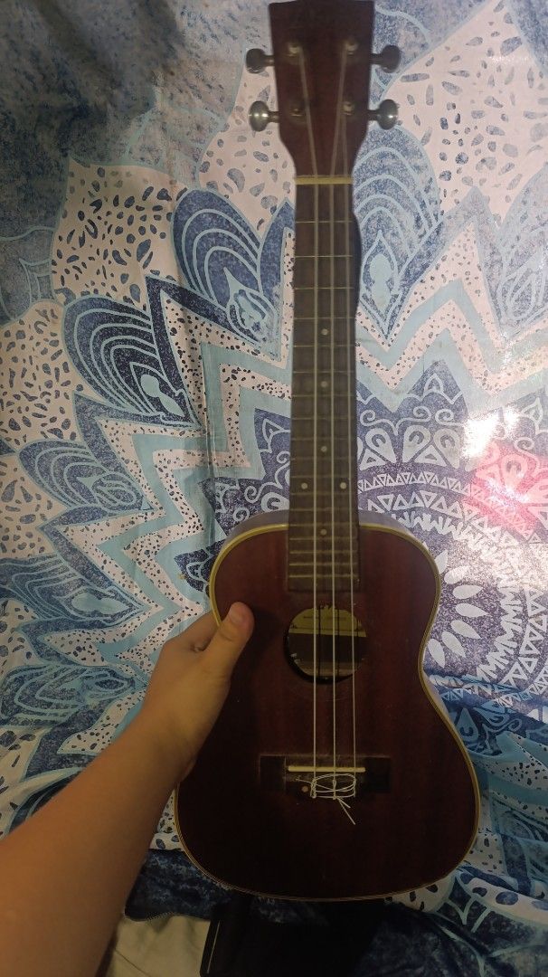 Davis Concert Soprano Ukulele (Category: Musical Instruments) located in Roxas City. Submitted by barbiehues (Listing ID 1430161688, Image 1). Description: Davis ukulele. It has a dark brown body with a yellow trim. The headstock has the Davis logo. It has a built-in preamp with volume and tone controls. The ukulele has four strings and frets. The body has a sound hole..