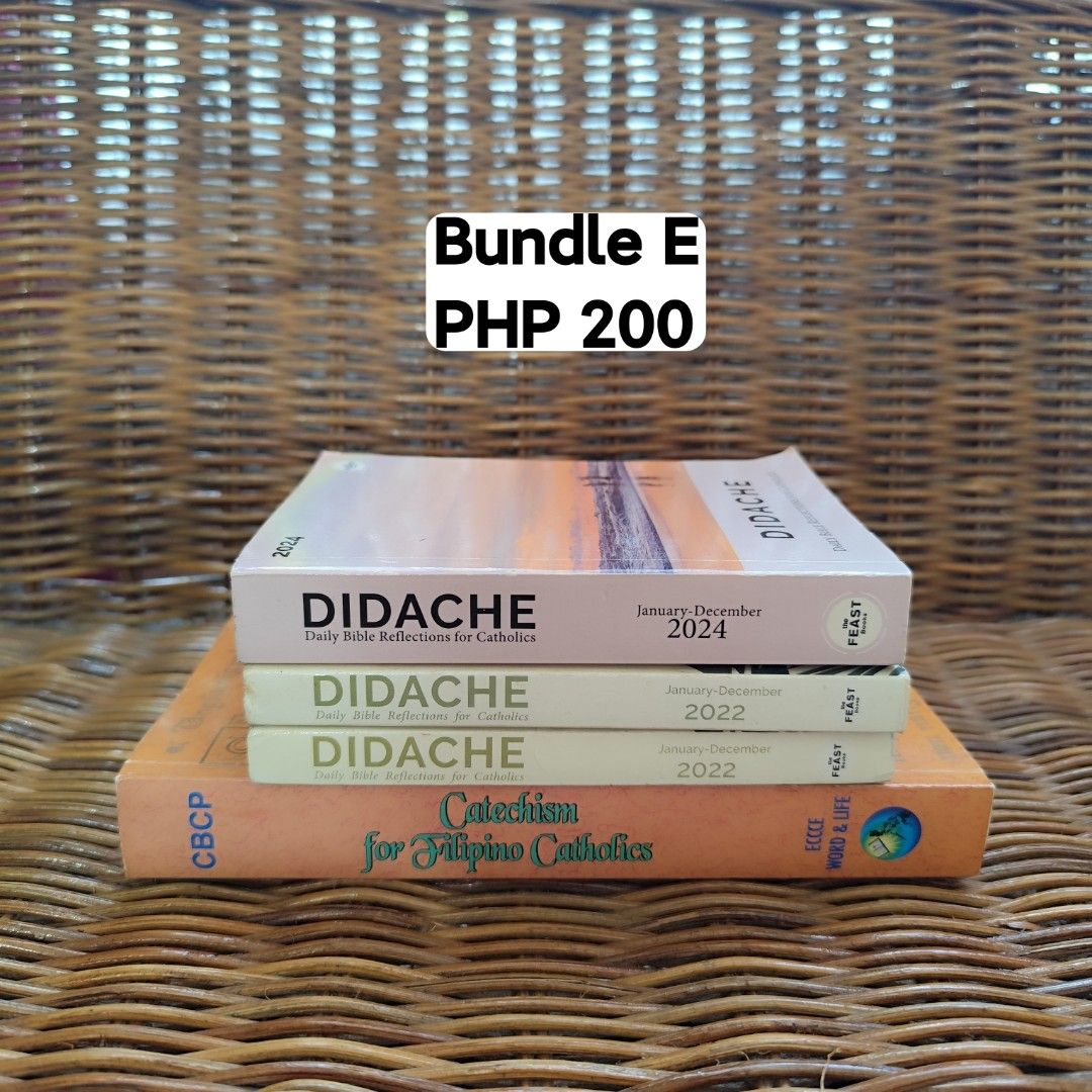 Didache Daily Bible Reflections & Catechism for Filipino Catholics Bundle (Category: Religion Books) located in Baao. Submitted by elis.closet (Listing ID 1430108992, Image 1). Description: Bundle E includes Didache Daily Bible Reflections for Catholics (January-December 2024 and 2022 editions) and Catechism for Filipino Catholics. Perfect for daily reflections and spiritual growth. The bundle is offered at PHP 200..