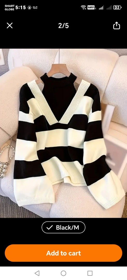 Elegant Off-Shoulder Sweater - Black (Category: Longsleeves) located in Manila. Submitted by fnicolas (Listing ID 1430118365, Image 1). Description: Women's Elegant Off-Shoulder Sweater, Soft Long-Sleeve Winter Pullover, 2-in-1 Look Halter Neck Off-Shoulder Striped Sweater for Women, Sexy and Stylish Age-Reducing Pullover Top for Spring and Autumn, Versatile for Both Casual and Formal Wear RFS TOO BIG FOR ME.