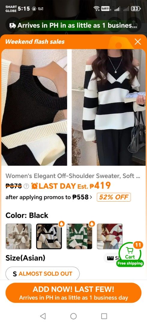 Elegant Off-Shoulder Sweater - Black (Category: Longsleeves) located in Manila. Submitted by fnicolas (Listing ID 1430118365, Image 3). Description: Women's Elegant Off-Shoulder Sweater, Soft Long-Sleeve Winter Pullover, 2-in-1 Look Halter Neck Off-Shoulder Striped Sweater for Women, Sexy and Stylish Age-Reducing Pullover Top for Spring and Autumn, Versatile for Both Casual and Formal Wear RFS TOO BIG FOR ME.