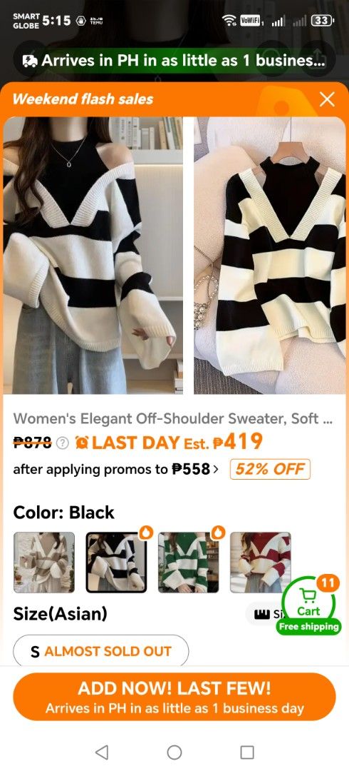 Elegant Off-Shoulder Sweater - Black (Category: Longsleeves) located in Manila. Submitted by fnicolas (Listing ID 1430118365, Image 2). Description: Women's Elegant Off-Shoulder Sweater, Soft Long-Sleeve Winter Pullover, 2-in-1 Look Halter Neck Off-Shoulder Striped Sweater for Women, Sexy and Stylish Age-Reducing Pullover Top for Spring and Autumn, Versatile for Both Casual and Formal Wear RFS TOO BIG FOR ME.