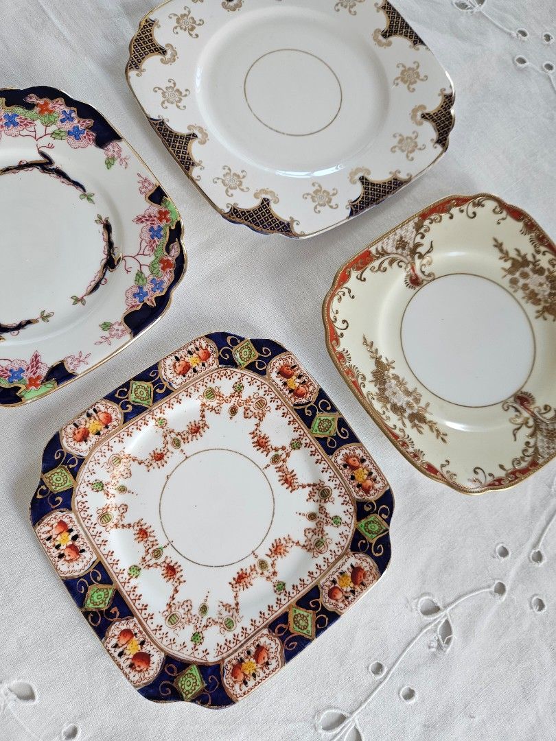 FOUR antique / vintage Imari design bone china square tea plates (Category: Dinnerware & Cutlery) located in Balik Pulau. Submitted by thebutteredcatvintage (Listing ID 1430092557, Image 3). Description: Four antique/ vintage bone china square tea plates in Imari designs - three plates English bone china made in England, one marked Meito China hand painted. - all without chips or cracks - minor wear to gilding and surfaces - one plate 17cm sq ; t