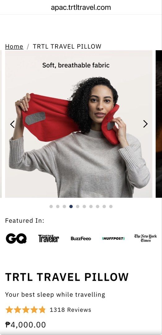 FROM ₱4,000! Trtl | Red Ergonomic Travel Pillow (Category: Bedding & Towels) located in Las Pinas. Submitted by yourneighbortotoro (Listing ID 1430040918, Image 2). Description: Trtl | Ergonomic Travel Pillow ✨ Smart comfort — The Trtl Travel Pillow delivers compact neck support with innovative design 📚 Perfect for collectors of travel gear, lifestyle showcases, and global accessories This Trtl Travel Pillow features a lightweight fleece wrap wi