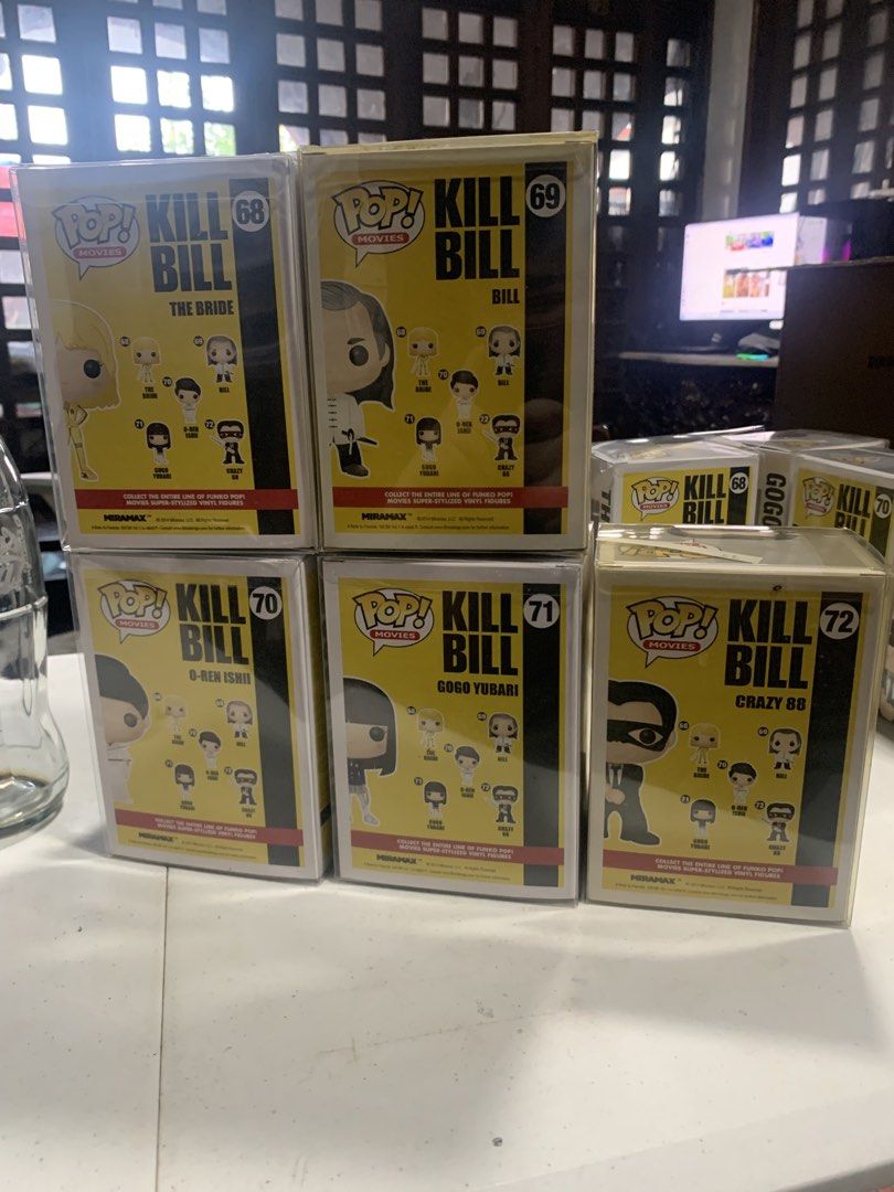 Funko Pop! Movies: Kill Bill Set 1 (Category: Designer & Blind Box Toys) located in Manila. Submitted by robertzombie (Listing ID 1430123677, Image 3). Description: Set of six Funko Pop! figures from the Kill Bill movie series. Includes The Bride (#68), Bill (#69), O-Ren Ishii (#70), Gogo Yubari (#71), and Crazy 88 (#72). Each figure is in its original box. Perfect for collectors and fans of the film. 09153896941 rm4.