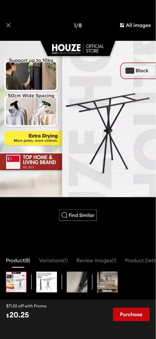 HOUZE Slim X-Shaped Collapsible Drying Rack (Black)