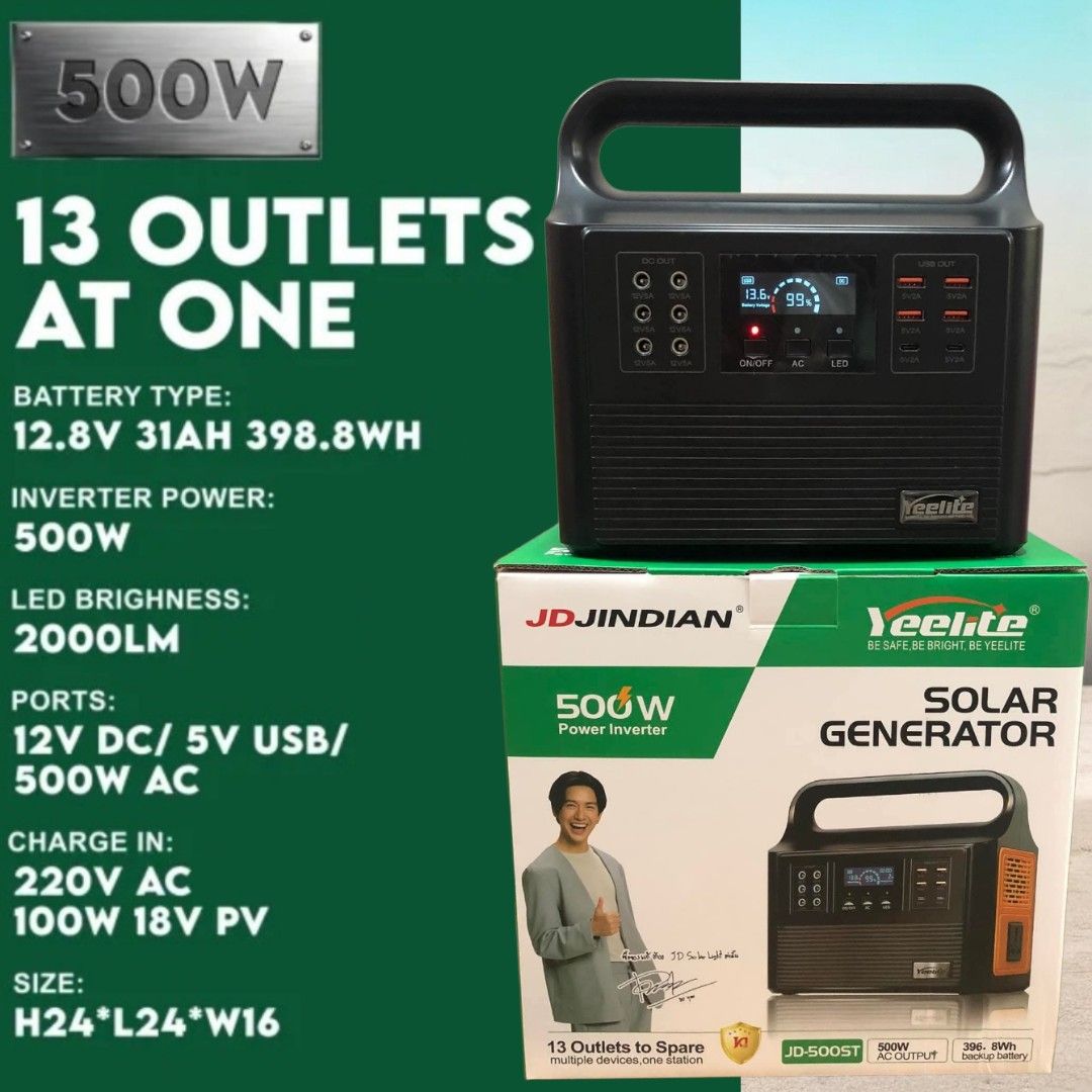 JDJindian Yeelite Solar Generator 500W (Category: Construction Tools & Equipment) located in Manila. Submitted by emil_online_shop (Listing ID 1430118263, Image 1). Description: Yeelite Power Generator 500W Solar or AC Input Charger All in 1 Power Hub Yeelite Solar Power Generator Features 13 Power Outlets, 500W Inverter Power, 2000LM LED Light brightness. It has a 12.8V 31AH 398.8Wh battery and multiple ports including 12V DC, 5V USB, and 500W A