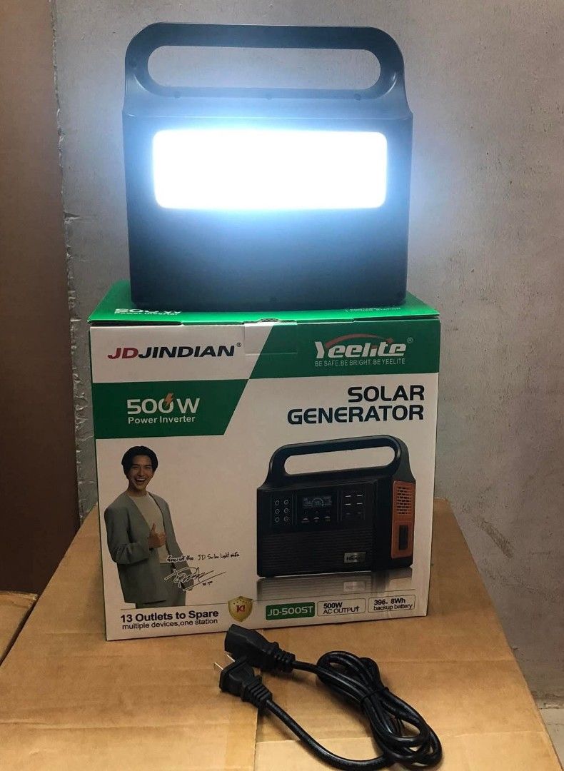 JDJindian Yeelite Solar Generator 500W (Category: Construction Tools & Equipment) located in Manila. Submitted by emil_online_shop (Listing ID 1430118263, Image 2). Description: Yeelite Power Generator 500W Solar or AC Input Charger All in 1 Power Hub Yeelite Solar Power Generator Features 13 Power Outlets, 500W Inverter Power, 2000LM LED Light brightness. It has a 12.8V 31AH 398.8Wh battery and multiple ports including 12V DC, 5V USB, and 500W A