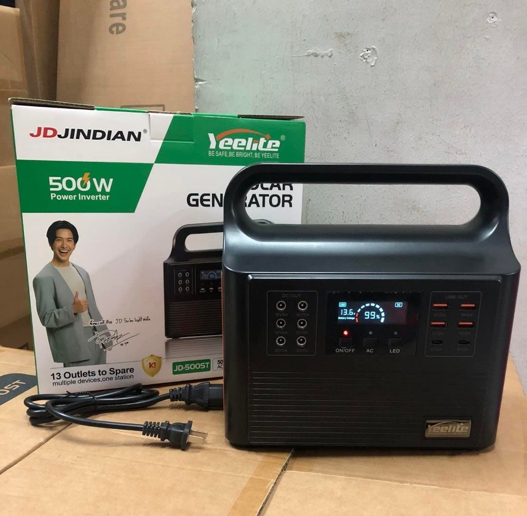 JDJindian Yeelite Solar Generator 500W (Category: Construction Tools & Equipment) located in Manila. Submitted by emil_online_shop (Listing ID 1430118263, Image 3). Description: Yeelite Power Generator 500W Solar or AC Input Charger All in 1 Power Hub Yeelite Solar Power Generator Features 13 Power Outlets, 500W Inverter Power, 2000LM LED Light brightness. It has a 12.8V 31AH 398.8Wh battery and multiple ports including 12V DC, 5V USB, and 500W A