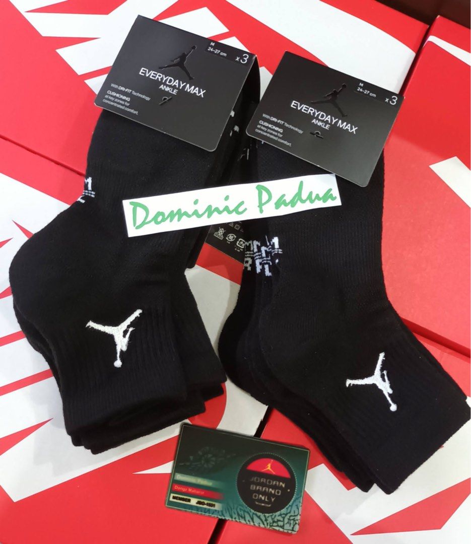 Jordan Ankle Socks - BLACK (Category: Socks) located in Paranaque City. Submitted by amazondrake (Listing ID 1430116650, Image 1). Description: Jordan Ankle socks (ALL BLACK) available in size : S, M, L & XL [subject to size availability] 3pairs/set — @750 / set BELOW SRP of 995/set *also selling per 300/pair AVAILABLE ONHAND FIXED PRICE NO MORE LAST PRICE via LBC or Lalamove delivery fee is at buyers expense .