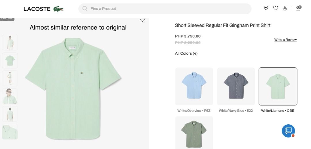 Original Lacoste Short Sleeved Gingham Print Shirt (Category: Tshirts & Polo Shirts ) located in Manila. Submitted by CaraSui (Listing ID 1430187570, Image 3). Description: Original Lacoste Short Sleeved Gingham Print Shirt Fabric: Light Poplin Color: Green Design: Gingham Striped Collar: Button-down Pocket: One pocket Fit: Regular Size: Small/Medium Chest Width: 40 (est) Length: 20 inches (est) The original price similar is at Php 3,750.00..