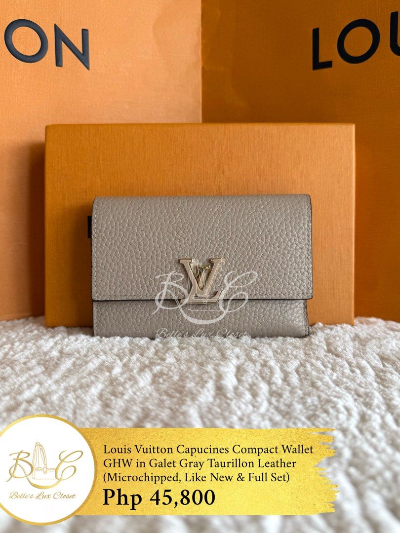 Louis Vuitton Capucines Compact Wallet Galet Taurillon (Category: Luxury Bags & Wallets) located in Paranaque City. Submitted by belles_lux_closet (Listing ID 1430149977, Image 1). Description: AUTHENTIC CAPUCINES COMPACT WALLET GHW IN GALET TAURILLON LEATHER (Like New, Microchipped & Full Set) ✅ 100% Guaranteed Authentic ✅ Microchipped ✅ Excellent Condition, Rank A-SA ✅ FULL SET! Comes with dust bag and box! ✅ Legit seller Retails at ~Php 65,000