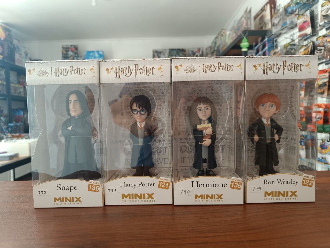Minix Harry Potter Collectible Figures (Category: Figurines & Statues) located in Santa Ana. Submitted by smoothgotgame (Listing ID 1430088140, Image 1). Description: Set of four Minix collectible figures featuring characters from the Harry Potter series. Includes Snape, Harry Potter, Hermione, and Ron Weasley. Each figure is in its original packaging. Great for Harry Potter fans and collectors..