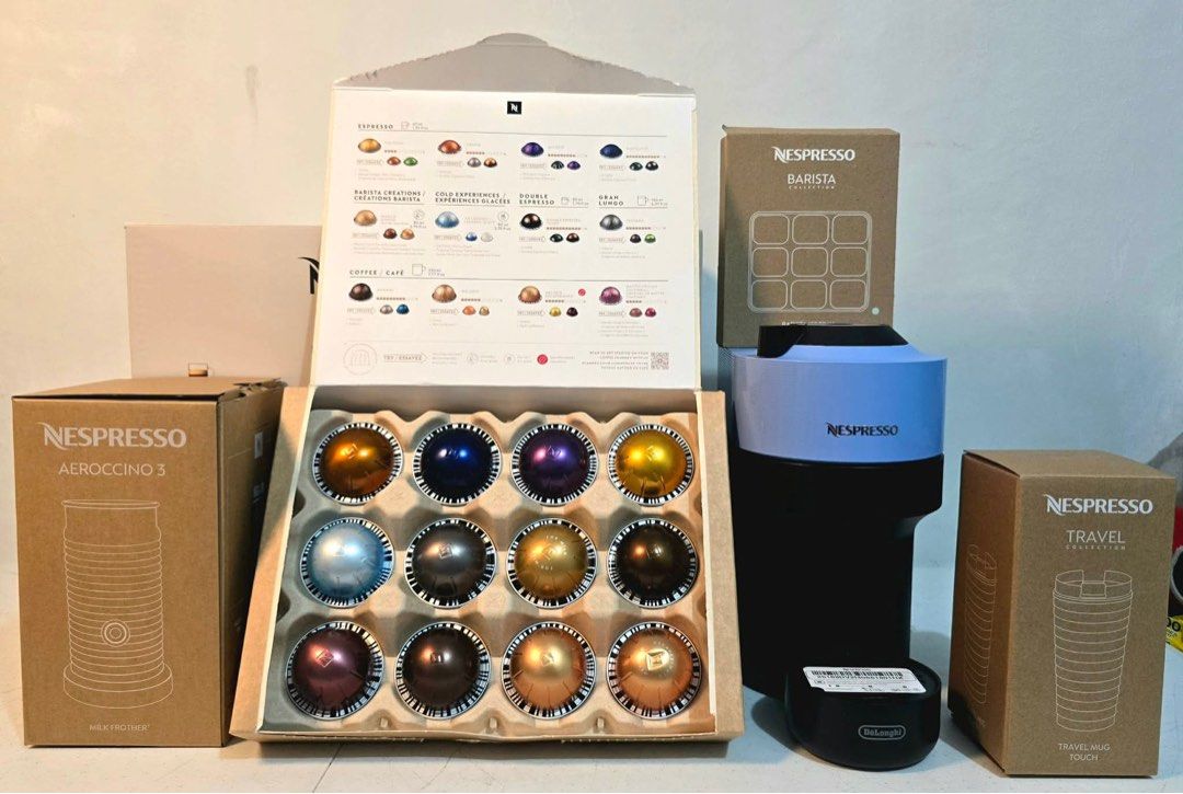 Nespresso Vertuo Pop & Aeroccino 3 Bundle (Category: Coffee Machines & Makers) located in Taytay. Submitted by mikz_1303 (Listing ID 1430154952, Image 3). Description: Nespresso Vertuo Pop Ice Coffee Bundle Australian mall pull out Used as display unit Brandnew open box only Color:Pacific Blue Inclusion Aeroccino 3 Complete with 12 Capsule Ice Tray Travel Mug 220V 15k.