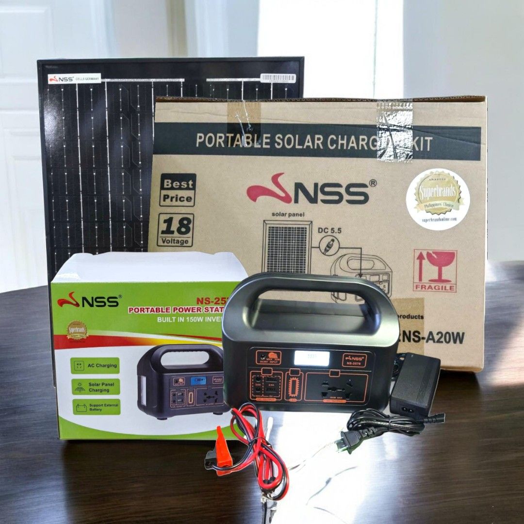 NSS NS-2576 Portable Solar Charging Kit (Category: Electrical, Adaptors & Sockets) located in Manila. Submitted by emil_online_shop (Listing ID 1430036013, Image 1). Description: NSS NS-2578 Portable Power Station 150W 12000mAh Portable Generator Solar Generator with Battery Power Station ➤Capacity Capacity: 144Wh(12000mAh) ➤Output Voltage: 110V(US Plug), 220V(EU Plug ➤USB Port: 2xQC3.0 ➤Solar Charging:16V ➤Charging Time: 5-6 hours (with 15V/2.5A