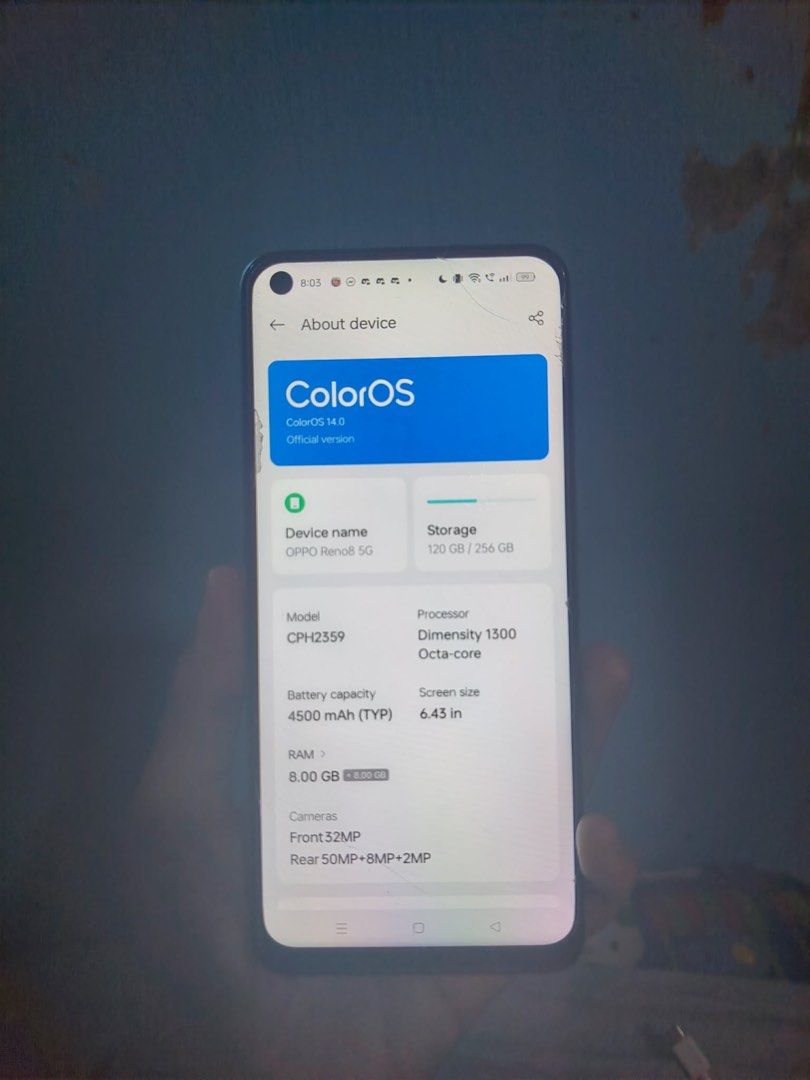 Oppo Reno 8 5G (Category: OPPO) located in Manila. Submitted by pinkdolphinuuu (Listing ID 1430027793, Image 1). Description: OPPO Reno 8 5G (8GB/256GB) – Unit + Case ​The Good Stuff: ​Performance: Powered by Dimensity 1300 runs Mobile Legends, Genshin, and CODM smoothly. ​Storage: Huge 256GB storage for all your photos and files. ​Camera: Flagship Sony IMX766 sensor. Better night photos than most new mid-range phones. ​Battery: Healthy battery l