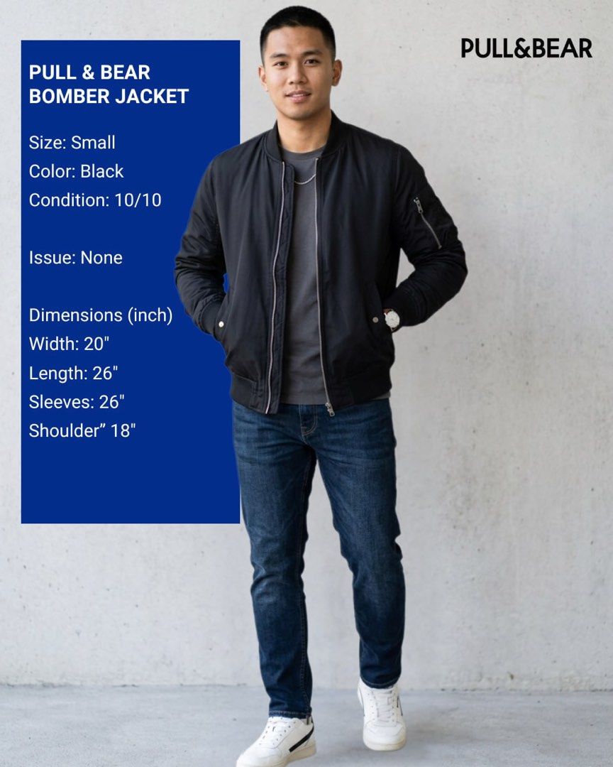 Pull & Bear Bomber Jacket - Black - Small (Category: Coats, Jackets and Outerwear) located in Makati City. Submitted by JD.Collection_Line (Listing ID 1430105171, Image 1). Description: Pull & Bear Bomber Jacket Size: Small Color: Black Condition: 10/10 Issue: None Dimensions (inch) Width: 20" Length: 26" Sleeves: 26" Shoulder” 18".
