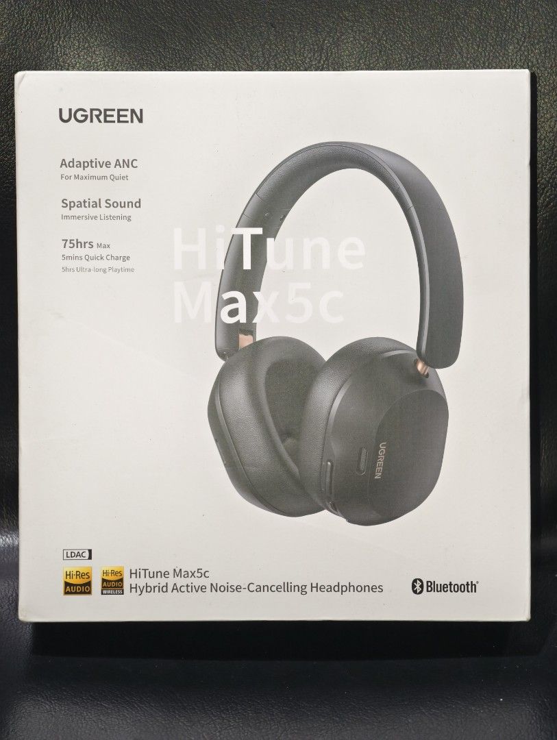 [SEALED] UGREEN Max5C ANC Bluetooth Headphone Noise Cancellation (Category: Headphones & Headsets) located in Imus. Submitted by dracox_21 (Listing ID 1430193451, Image 1). Description: UGREEN HiTune Max5c Hybrid Active Noise-Cancelling Headphones. Features Adaptive ANC for maximum quiet, spatial sound, and 75 hours of playtime. Includes LDAC and -Res Audio. Bluetooth connectivity. The box includes specifications such as battery life, charging ti