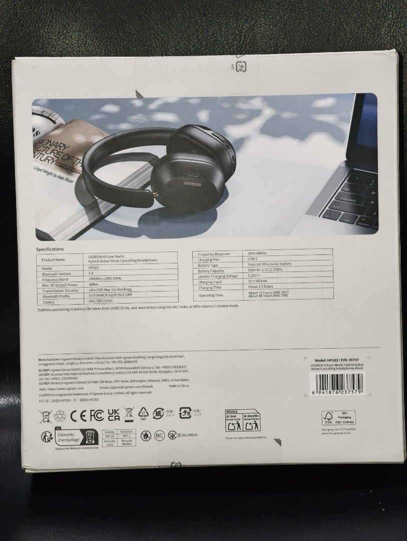 [SEALED] UGREEN Max5C ANC Bluetooth Headphone Noise Cancellation (Category: Headphones & Headsets) located in Imus. Submitted by dracox_21 (Listing ID 1430193451, Image 2). Description: UGREEN HiTune Max5c Hybrid Active Noise-Cancelling Headphones. Features Adaptive ANC for maximum quiet, spatial sound, and 75 hours of playtime. Includes LDAC and -Res Audio. Bluetooth connectivity. The box includes specifications such as battery life, charging ti