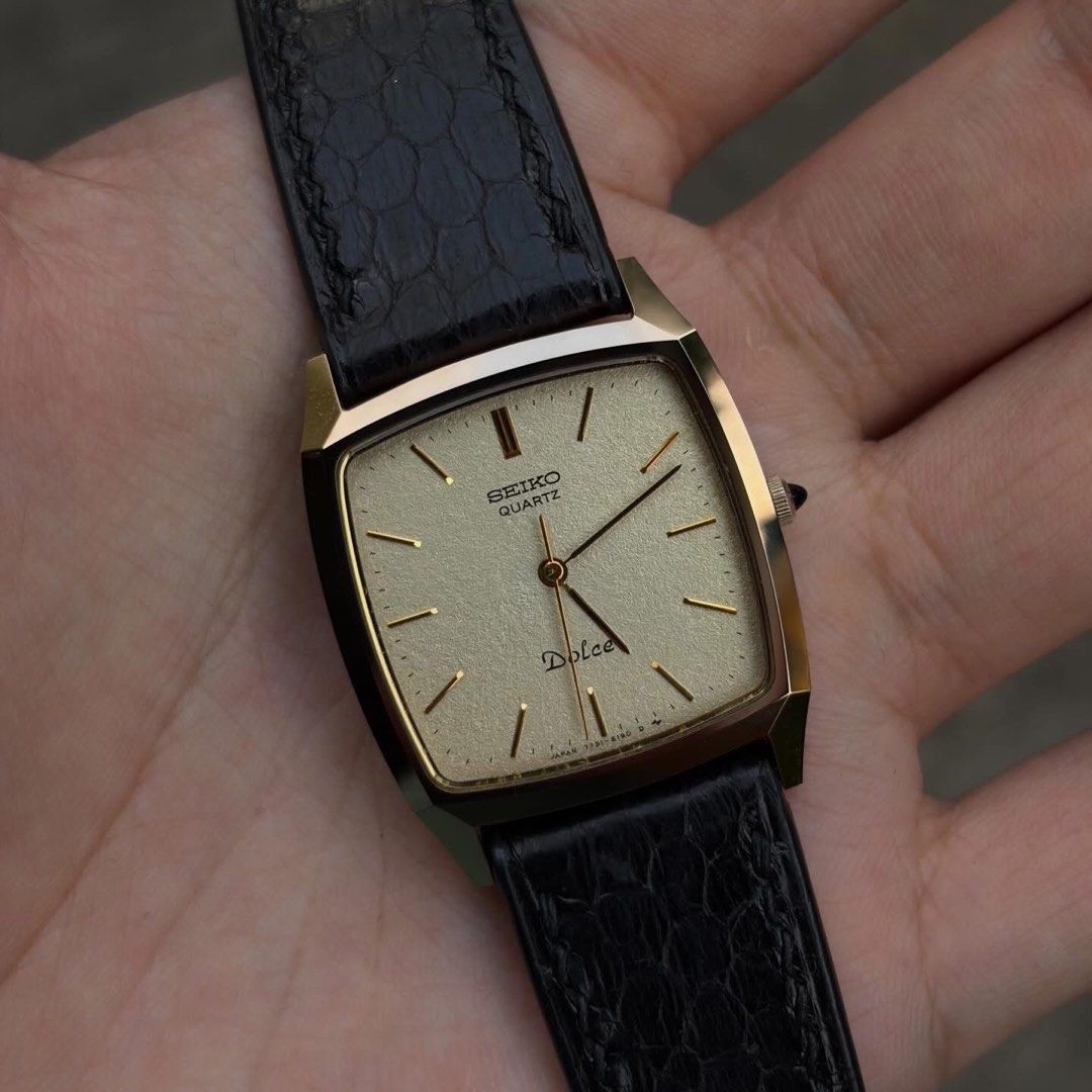 RUSH Seiko Dolce “Champagne Flaked” (Category: Luxury Watches) located in Makati City. Submitted by maassimo (Listing ID 1430068225, Image 2). Description: Seiko Dolce “Champagne Flaked” Rare, cheapest in the market Sapphire Crystal and Tungsten Carbide Case (Non-Scratch) Original Seiko Buckle Movement: Quartz Ref. Number: 7731-5160 Serial Number: 5N0058 BMBY: Nov 1985 RFS: Need funds. .