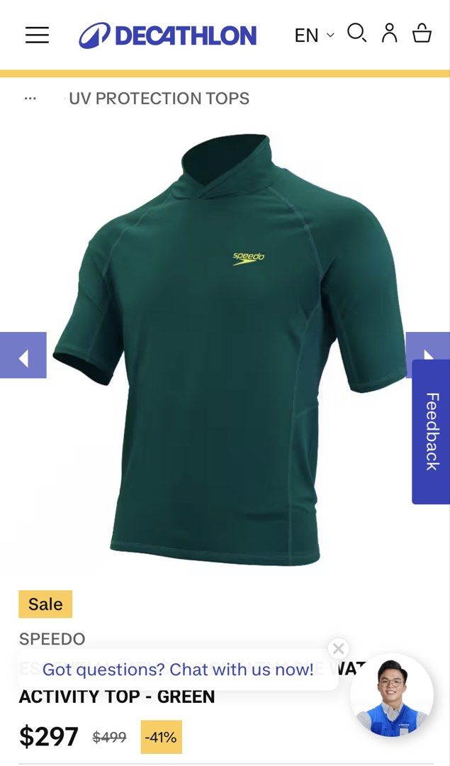 Speedo Activity Top - Green （分類：泳衣）位於 Hong Kong。 由 jk.001 提交（商品編號 1430146065，圖片 1）。簡介： Speedo activity top in green. It has short sleeves and a high collar. The top is designed for water activities and offers UV protection. The original price was $499, now on sale for $297. The top is still in its original packaging with the tag attached. https://www.decathlon.com.hk/en-HK/p/essential-mens-s-s-breathable-water-activity-top-green-speedo-1e408209-e