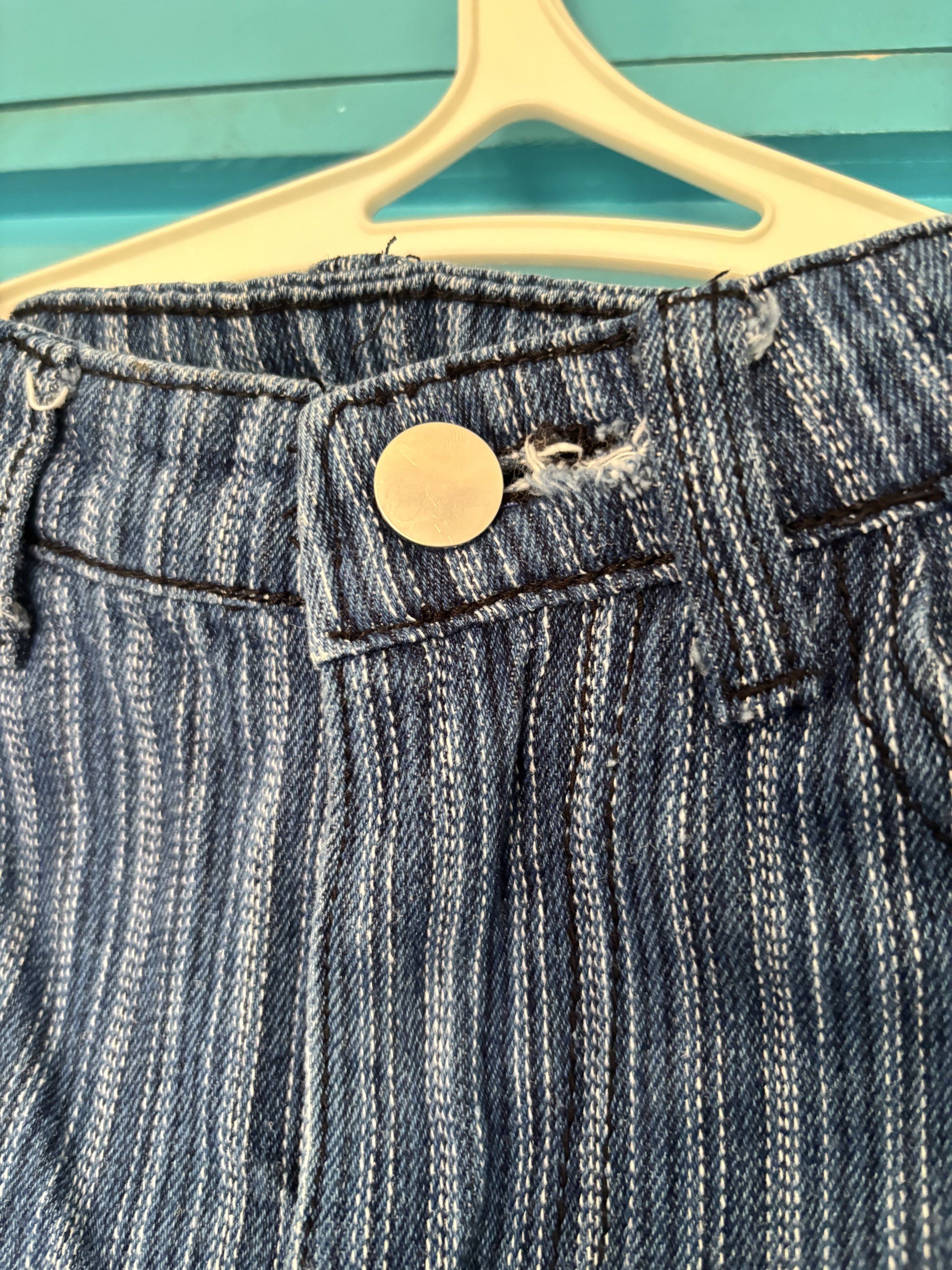 Striped Denim Straight Jeans (Category: Jeans) located in Taytay. Submitted by oreomatcha (Listing ID 1430076191, Image 2). Description: waistline:26 length:40 inches No back pockets Issue- big opening sa button (see pic).