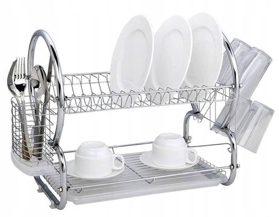 2-Tier Chrome Dish Rack with Utensil Holder (Category: Food Organization & Storage) located in Caloocan City. Submitted by blaizeee08 (Listing ID 1430307833, Image 3). Description: 2-tier dish rack is made of chrome-plated steel. It features a utensil holder and a drip tray. The dimensions are 54cm (length) x 42cm (width) x 37cm (height). It has space for plates, cups, and cutlery. It is designed to keep your kitchen organized and your dishes dry