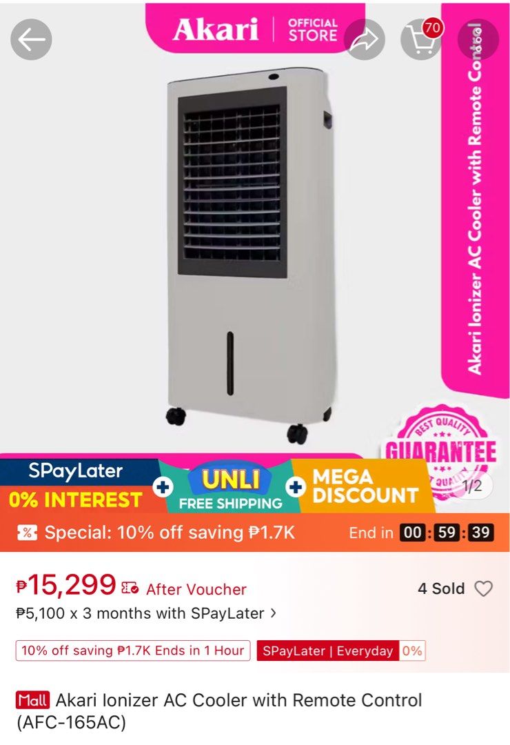 Aircon Cooler (Category: Air Conditioning and Heating) located in Las Pinas. Submitted by divatitaph (Listing ID 1430349732, Image 2). Description: Akari lonizer AC Cooler with Remote Control (AFC-165AC) AC Function w/ ION and Roller Power Consumption: 165W Mode: Normal and Sleep with Alarm for Low Water Level Water Tank Capacity: 12 liters Coverage Area: Up to 20sqm Fan Speed Level: High, Mid, Low Originally bought for 15k plus pesos. Selling it