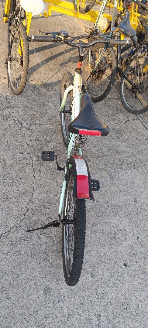 Alo CA Mountain Bike - Mint Green (Category: Bicycles) located in Singapore. Submitted by tonmoy491010813 (Listing ID 1430216873, Image 1). Description: Mint green Alo CA mountain bike. Features a black seat, rear fender, and a kickstand. Perfect for casual rides. Some signs of wear and tear visible..