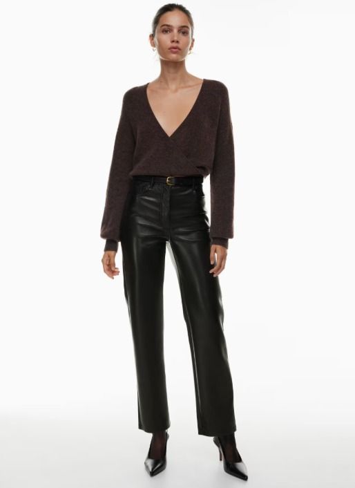 Aritzia Wilfred Black Leather Melina Pants (Category: Other Bottoms) located in Pasig City. Submitted by yoloswaggin_ (Listing ID 1430245429, Image 2). Description: - 0 on tag - high waisted - good quality vegan leather, super soft! - minor defect near zipper (see last pic) - perfect for petite height.
