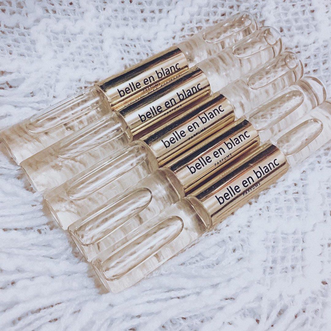 Belle en Blanc Parfums Double rollerball perfume 10ml (Category: Fragrance & Deodorants) located in Trece Martires City. Submitted by jaaadeya (Listing ID 1430379550, Image 1). Description: Travel-size Perfume / Party giveaway / Wedding Gift ideas by Belle en Blanc Parfums Best-sellers available now 🪞🤍🦢 Scents available on-hand: For Women JP - Jean Paul Gaultier Scandal FE - Gucci Guilty Absolute pour Femme WS - Jo Malone Wood Sage & Sea Salt 