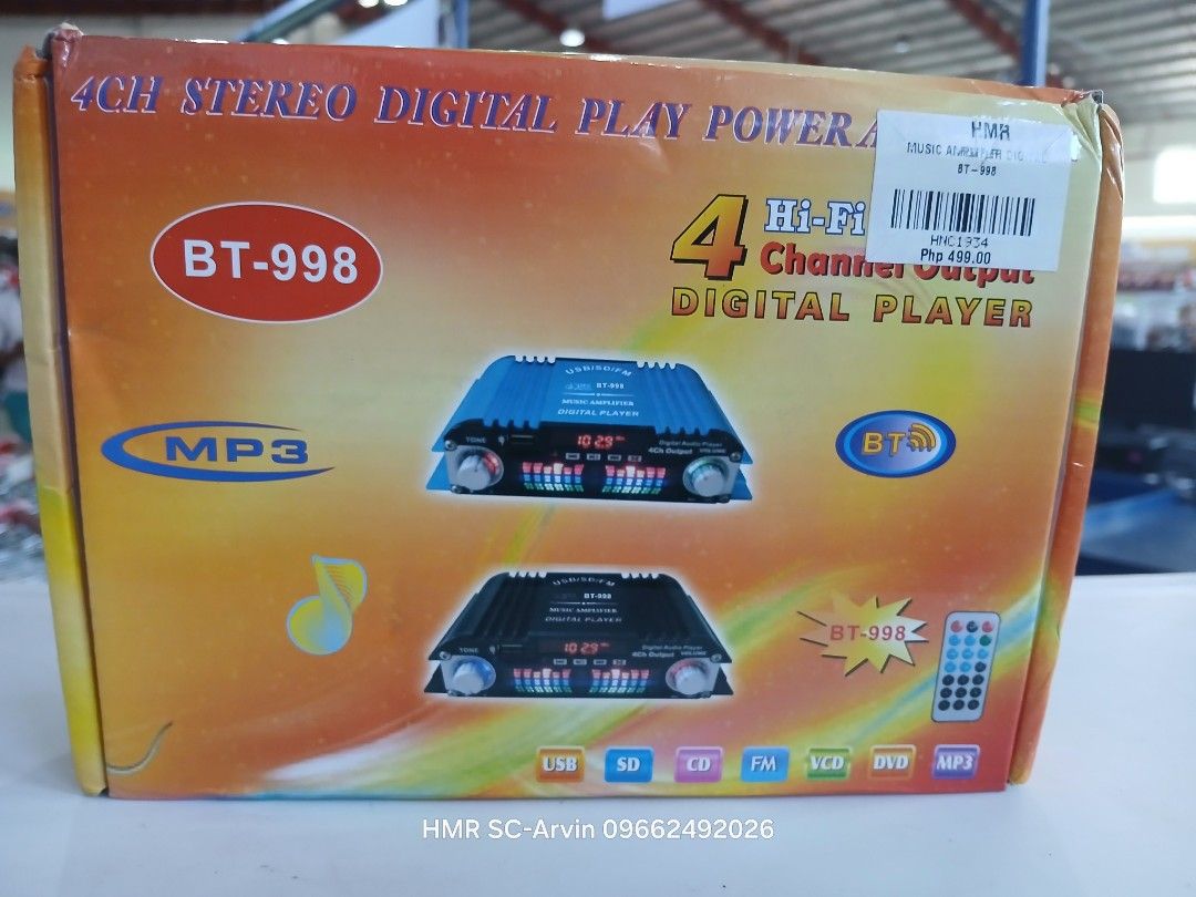 BT-998 4 Channel Digital Player (Category: Portable Music Players) located in Manila. Submitted by sc_arvin (Listing ID 1430276811, Image 1). Description: BT-998 4 Channel Digital Player. Features include MP3, USB, SD, CD, FM, VCD, DVD, and MP3 playback. Includes a remote control. The box indicates it is a -Fi digital player..