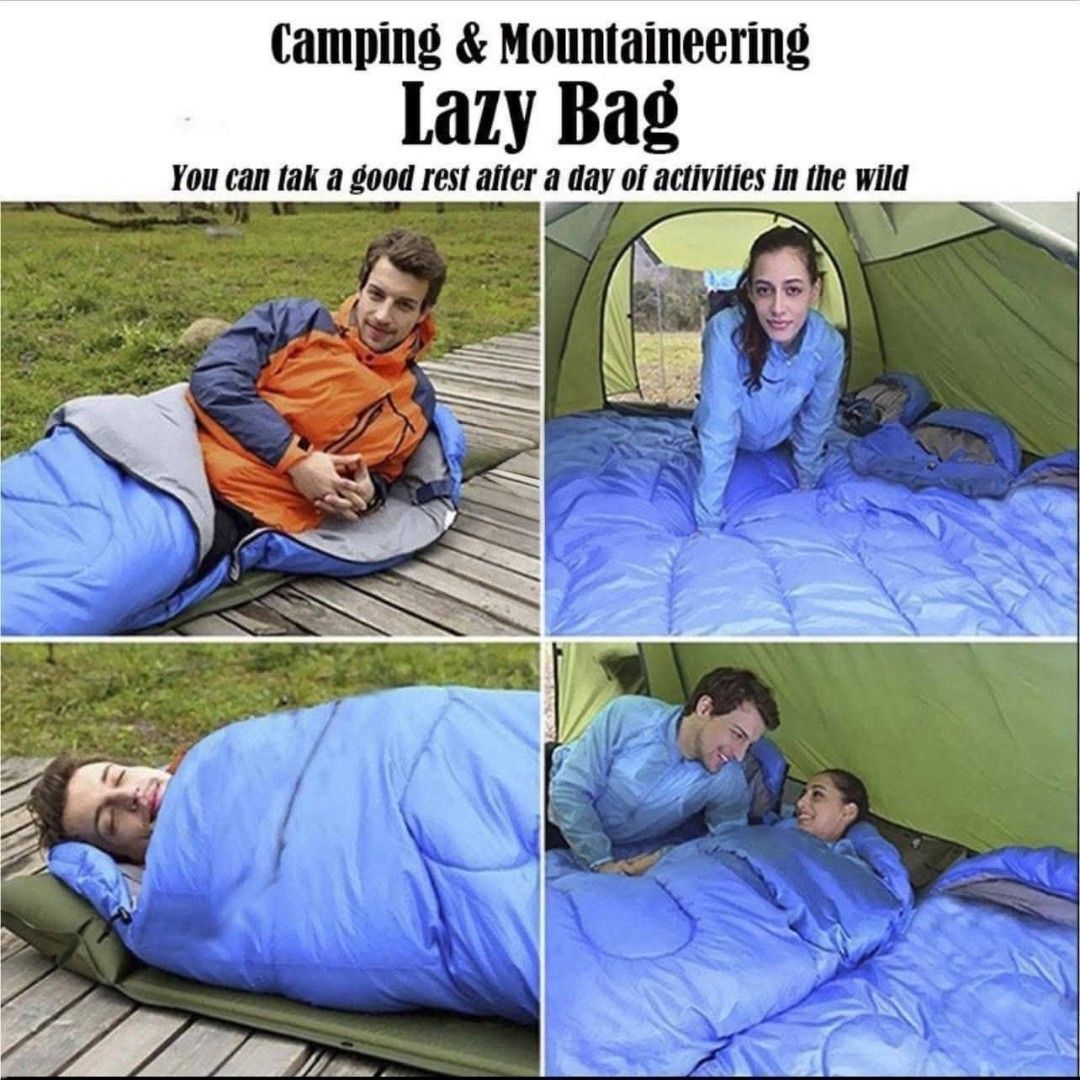 Camping Sleeping Bag (Category: Hiking & Camping) located in Manila. Submitted by lyfrancois14 (Listing ID 1430232357, Image 1). Description: Lazy bag is perfect for camping and mountaineering adventures. It provides a comfortable place to rest after a day of activities in the wild. The bag is blue and gray, and it can be easily rolled up and stored in its included carrying bag..