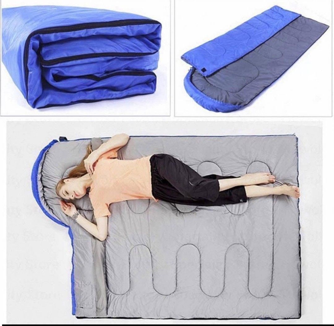 Camping Sleeping Bag (Category: Hiking & Camping) located in Manila. Submitted by lyfrancois14 (Listing ID 1430232357, Image 2). Description: Lazy bag is perfect for camping and mountaineering adventures. It provides a comfortable place to rest after a day of activities in the wild. The bag is blue and gray, and it can be easily rolled up and stored in its included carrying bag..
