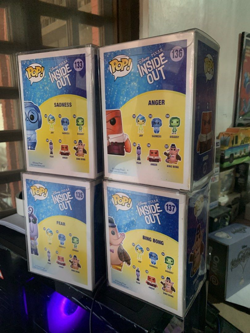Funko Pop! Inside Out set (Category: Designer & Blind Box Toys) located in Manila. Submitted by robertzombie (Listing ID 1430259849, Image 3). Description: Set of four Funko Pop! vinyl figures from the Disney Pixar movie Inside Out. Includes Sadness (133), clear red Anger (136), Fear (135), and Bing Bong (137). Each figure is in its original box. Perfect for collectors or fans of the movie. 09153896941 e2.