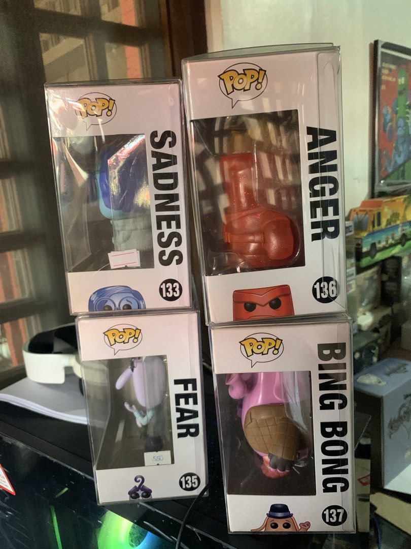 Funko Pop! Inside Out set (Category: Designer & Blind Box Toys) located in Manila. Submitted by robertzombie (Listing ID 1430259849, Image 2). Description: Set of four Funko Pop! vinyl figures from the Disney Pixar movie Inside Out. Includes Sadness (133), clear red Anger (136), Fear (135), and Bing Bong (137). Each figure is in its original box. Perfect for collectors or fans of the movie. 09153896941 e2.