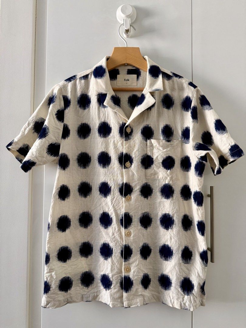 IMPORTED - short sleeved printed shirt (Category: Formal Shirts) located in Quezon City. Submitted by shphlc25 (Listing ID 1430398508, Image 3). Description: Imported. Open-neck collar, straight hem. Short sleeves. Side slits with logo tab. Center front button placket. Chest pocket with engineered print. 100% cotton in cheesecloth weave. Unique and very nice dot print — parang ikat weave. Sz Small, semi-fitted 1/2 chest 52.0 cms / 20 1/2” 1/2 hem