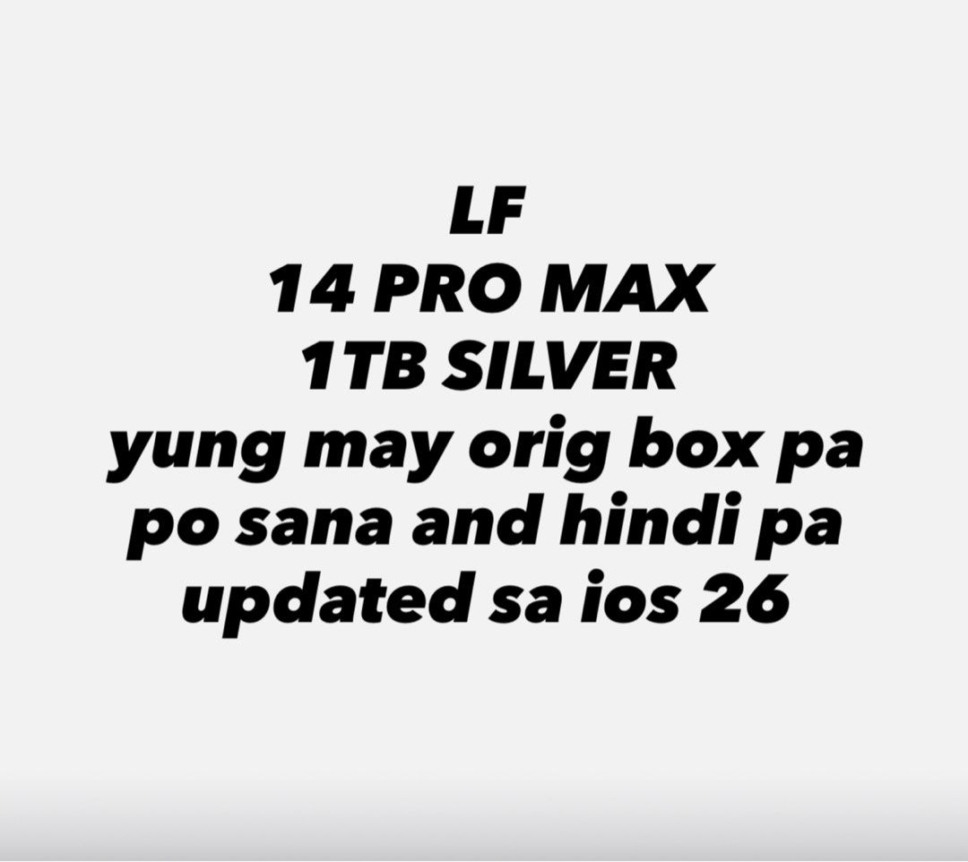 iPhone 14 Pro Max 1TB Silver (Category: iPhone 14 Series) located in Candaba. Submitted by dnzgyl (Listing ID 1430304344, Image 1). Description: LF 14 PRO MAX 1TB SILVER yung may orig box pa po sana and hindi pa updated sa ios 26.