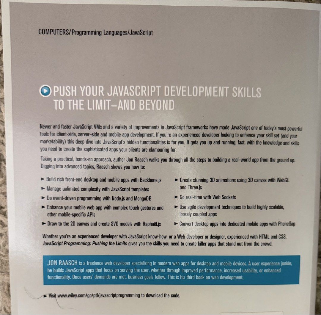 JavaScript Programming: Pushing the Limits (Category: Storybooks) located in Singapore. Submitted by waddlerzzz45 (Listing ID 1430283755, Image 2). Description: Enhance your JavaScript skills with "JavaScript Programming: Pushing the Limits" by Jon Raasch. Perfect for experienced developers..