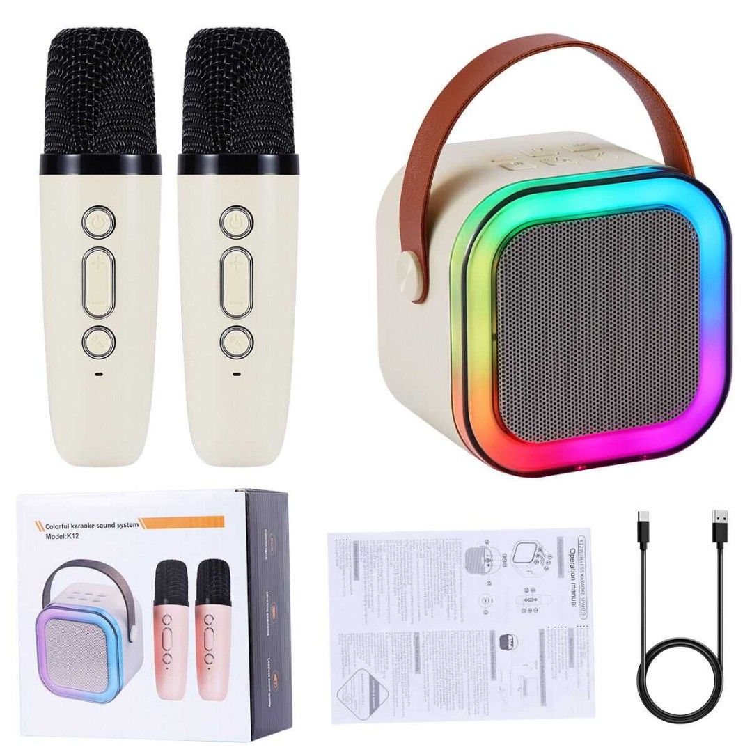 K12 Karaoke Speaker with 2 Microphones (Category: Soundbars, Speakers & Amplifiers) located in Paranaque City. Submitted by powerzone0517 (Listing ID 1430398457, Image 1). Description: K12 karaoke speaker set comes with two microphones and a colorful LED light display. It includes a speaker unit with a handle, two microphones, a charging cable, and a user manual. The speaker has a built-in grill and control buttons. Available in multiple colors, 