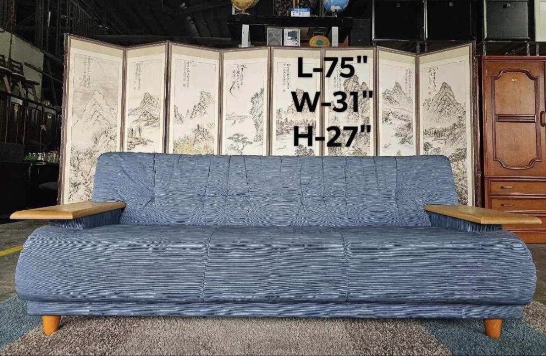 Karimoku Blue Couch with Wooden Armrests (Category: Sofas) located in Mandaluyong City. Submitted by niqnacks (Listing ID 1430400320, Image 1). Description: This couch serves as a nice accent piece! It has a rip but is currently being repaired. RFS: we love this couch we just needed to upgrade!! .