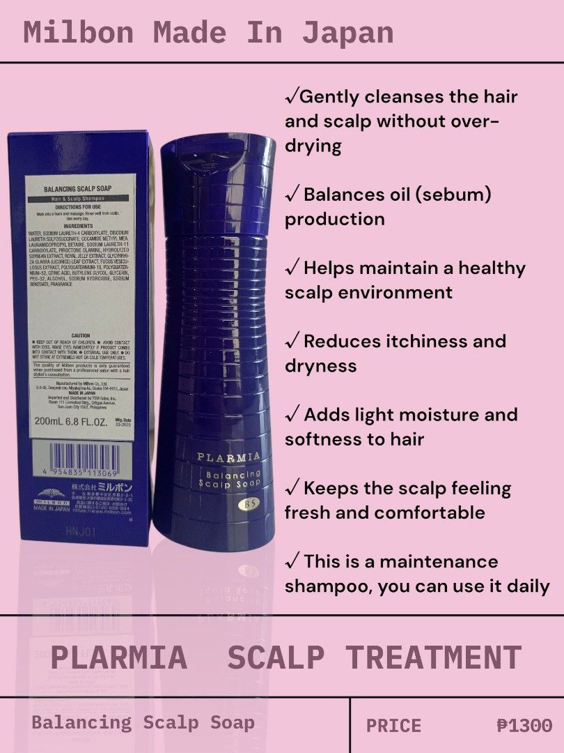 Milbon Plarmia Balancing Scalp Soap (Category: Hair) located in Manila. Submitted by itsmortipicks (Listing ID 1430229636, Image 1). Description: Milbon Plarmia Balancing Scalp Soap is a maintenance shampoo made in Japan. It gently cleanses the hair and scalp without overdrying, balances oil production, and helps maintain a healthy scalp environment. It also reduces itchiness and dryness, adds moisture and softness to hair, and keeps the scalp fe