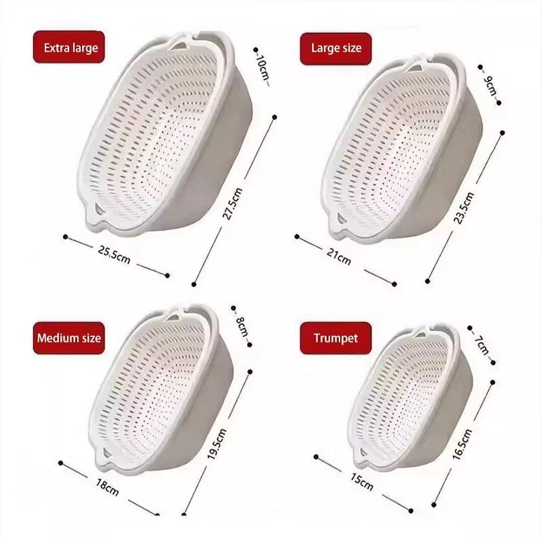 Multi-Size Double Drainage Basket Set of 8 (Category: Storage Boxes & Baskets) located in Quezon City. Submitted by ana-chan (Listing ID 1430254460, Image 3). Description: Set includes multiple sizes of drainage baskets, perfect for washing, draining, and storing fruits and vegetables. The set features a double-layer design with a separate drainage basket and a solid outer basin. Sizes include extra large, large, medium, and trumpet. The baskets 